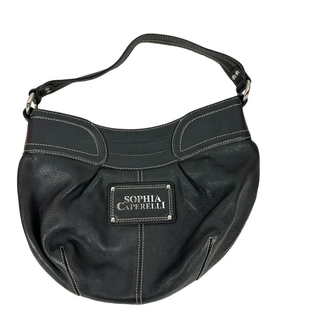 Sophia Caperelli Black Leather Hobo Shoulder Bag With Leopard Print Lining